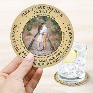 Text Bröllop spara datum Photo Guld & Black Underlägg Papper Rund