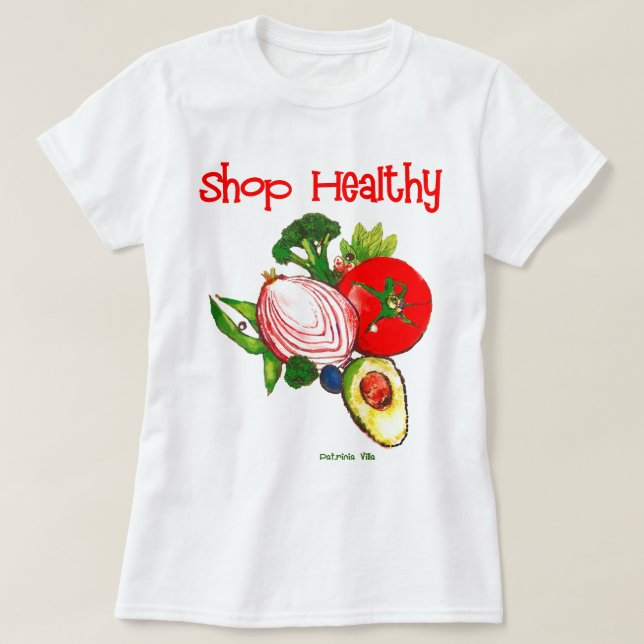 Text Butik Hälsosamma Ljusfärgade Grönsaker Konst  T Shirt (Design framsida)
