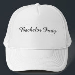 Text för Bachelor Party (vita och vita Färg) Keps<br><div class="desc">Truckerkepsen Vit och vit Färg-Bachelor Party-text. Den här hatten eller hatten som passar för Bachelor, speciellt Vem ska fira segern eller njuta av helg party. Du kan redigera texten för Bachelor Party. En truckerkeps för reklampartiet är en populär typ av huvuddukar som ofta bärs av gruppen och hans grupp av...</div>