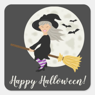 Text för Cute Witch Girl Flies & Happy halloween Fyrkantigt Klistermärke