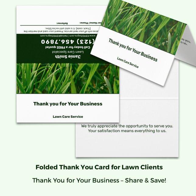 Text för hänskjutningskort för Gräsmatta Care Tack Kort (Lawn Care Thank You Referral Card Text-Only - Green & White; Folded size 3.5x2 Inch)