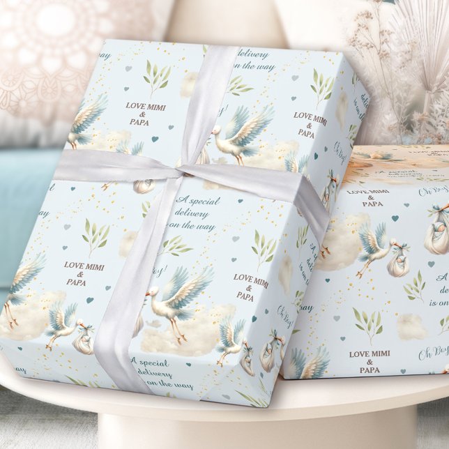 Text för speciell Delivery Blue Stork Nyfödd bebis Presentpapper (Special Delivery Blue Stork New Baby Name Text Wrapping Paper)