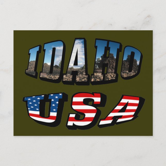Text från Idaho Bild och Flagga USA Vykort (Framsida)