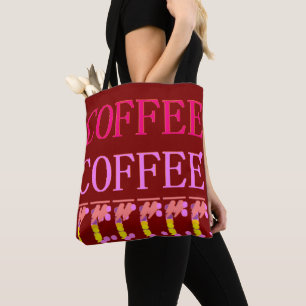 Text ord-kaffe med mönster rödbrunt färg tygkasse