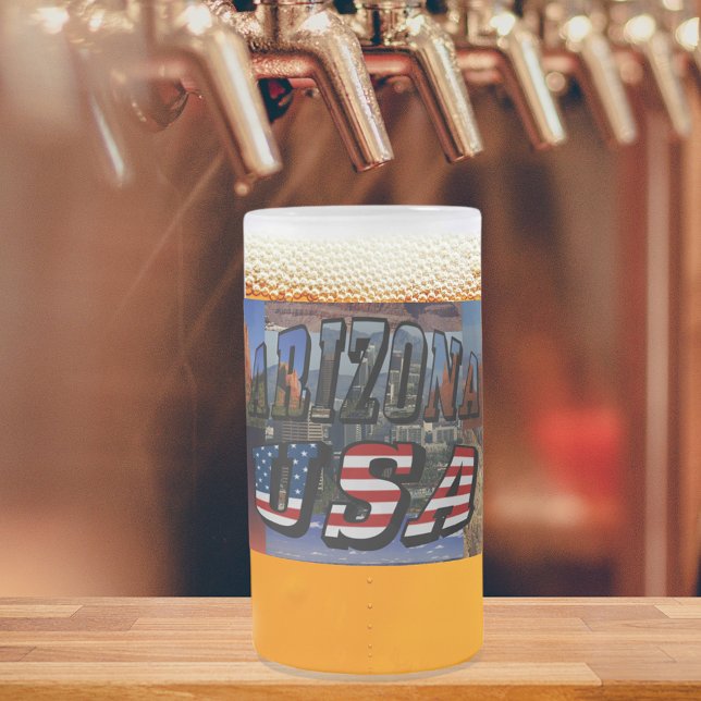Texten Arizona Bild och USA flagga Frostat Ölglas (Arizona Picture and USA Flag Text Frosted Glass Beer Mug)