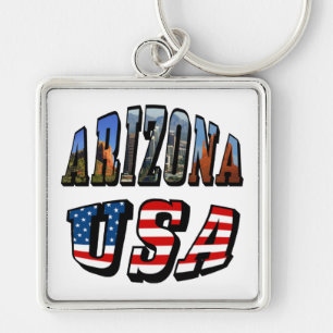 Texten Arizona Bild och USA flagga Fyrkantig Silverfärgad Nyckelring