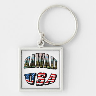 Texten från Hawaii Bild och USA flagga Fyrkantig Silverfärgad Nyckelring
