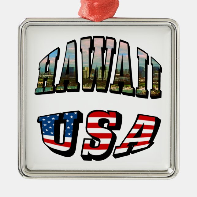Texten från Hawaii Bild och USA flagga Julgransprydnad Metall (Framsidan)