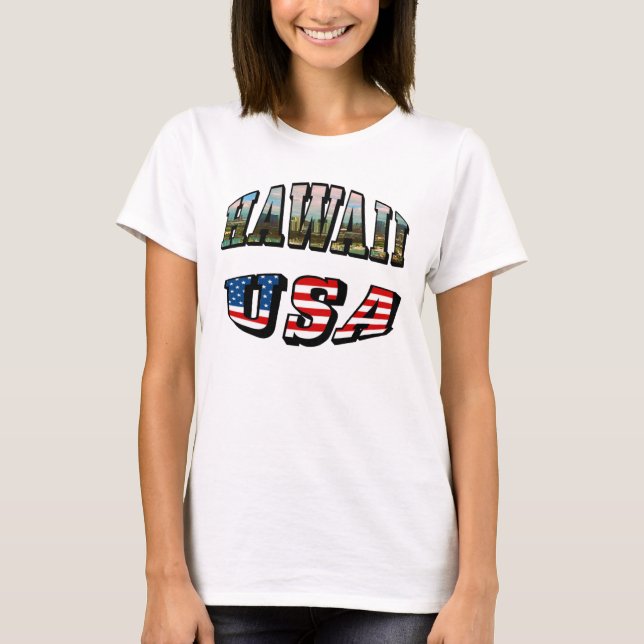 Texten från Hawaii Bild och USA flagga T Shirt (Framsida)