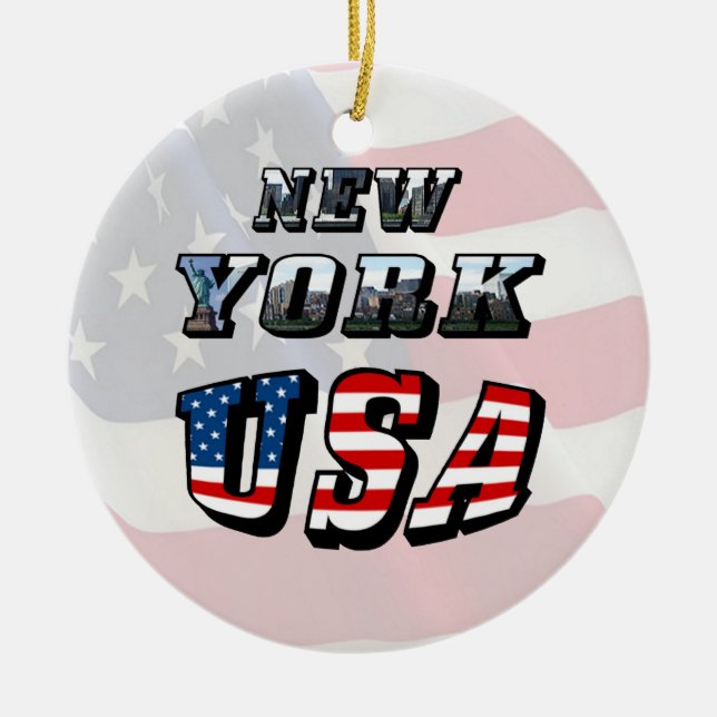 Texten från New York Bild och USA flagga Julgransprydnad Keramik (Framsidan)