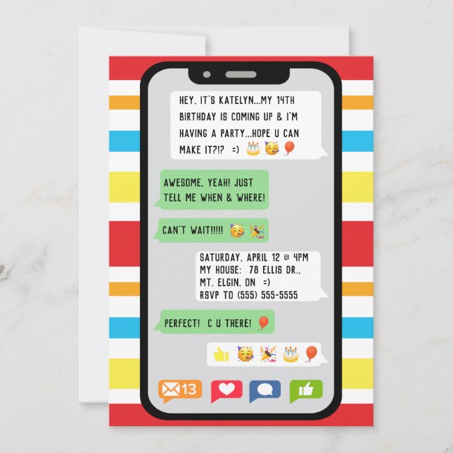 Texting Födelsedagsfest inbjudan, Teenage Party Inbjudningar (Framsida)