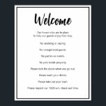 Textmall för Vacation House Regler Black and White Poster<br><div class="desc">Välkomsthälsan visas i ett svart skript längst upp i huset. regler poster för ett hyreshus på kort-sikt. Ett kort som öppnar påstående ligger under skriptet. Sedan har vi åtta hus regler för ett hyreshus under kort-tiden. Hela texten är svart. Hela texten kan ändras så att den återspeglar det unika reglerna...</div>