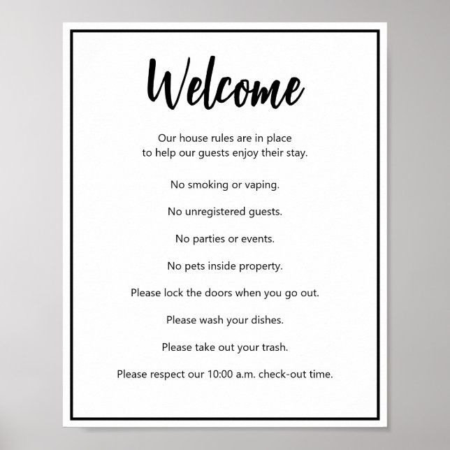 Textmall för Vacation House Regler Black and White Poster (Framsidan)