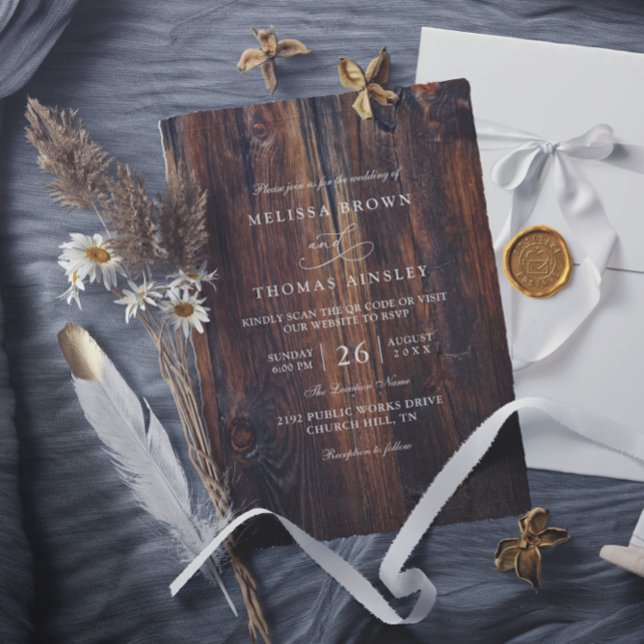 Textured Wood Rustic Country QR Code Wedding Inbjudningar (Skapare uppladdad)