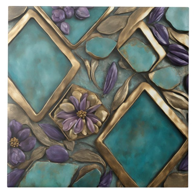 Texturerad blomsterkonst i turkos och guld kakelplatta (Framsidan)