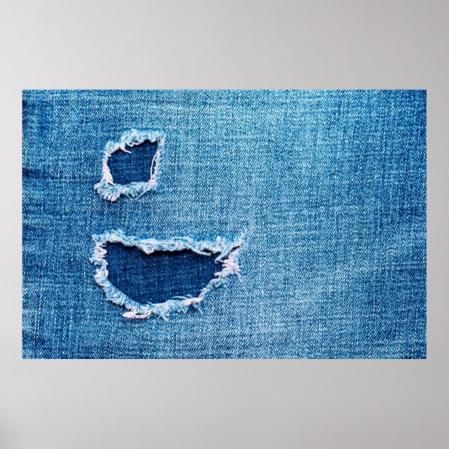 Texturerad denim-bakgrund. Torn hål i tyget Poster (Framsidan)
