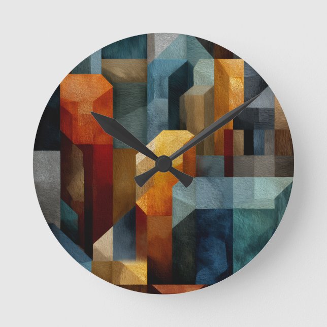 Texturerad Geometrisk Abstrakt Blå Orange Lyxig Ko Rund Klocka (Framsida)