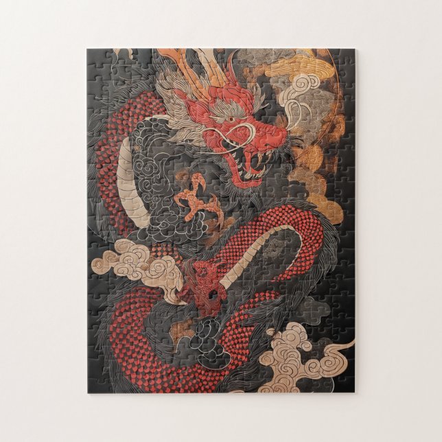 Texturerad kinesisk drake med flammor pussel (Vertikal)