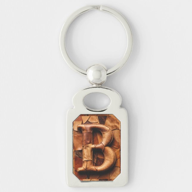 Texturerad läderpatchwork ”B” monogram Rektangulärt Silverfärgad Nyckelring (Framsidan)