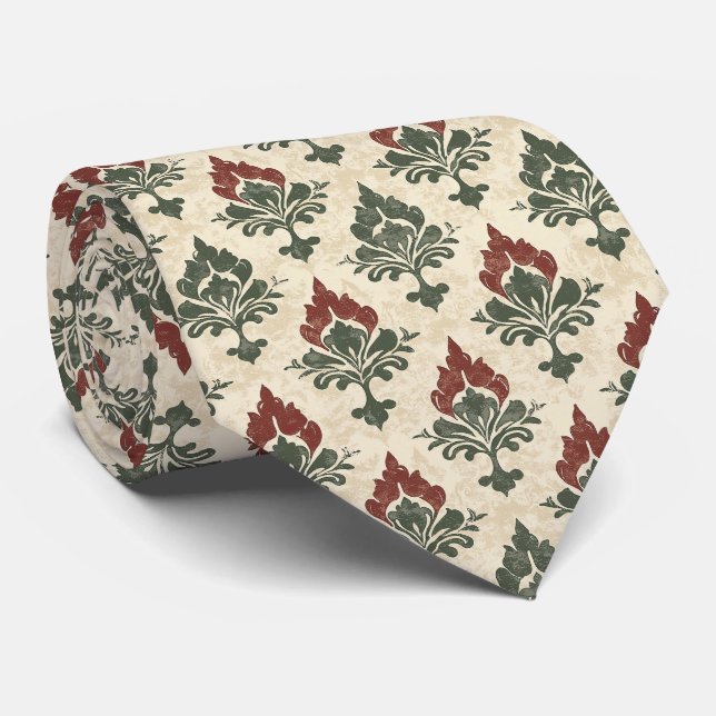 Texturerad Vintage Damask Röd Grön Beige Slips (Rullad)