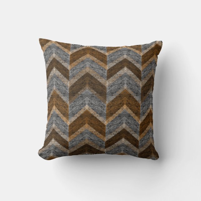 Texturerad, zigzag, grått och brun kudde (Framsida)