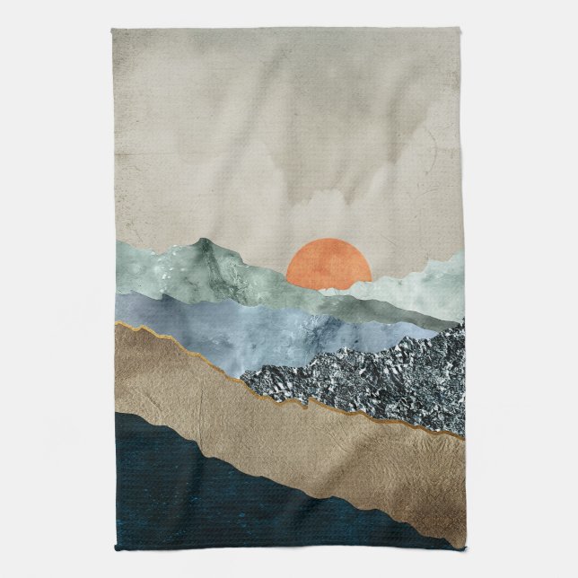 Texturerade bergslager med solnedgångsglöd kökshandduk (Vertikal)