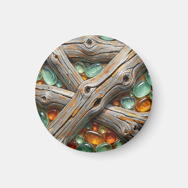 Texturerade trädkvistar teal amber ädelstenar magnet (Framsidan)