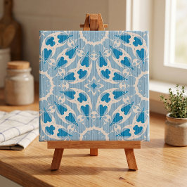Texturerat Blått Vitt Stilisert Symmetriskt Blommo Kakelplatta