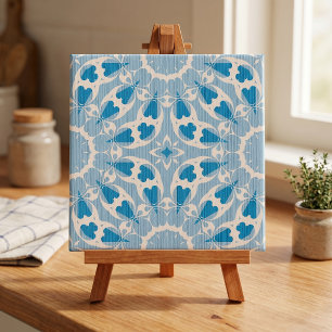 Texturerat Blått Vitt Stilisert Symmetriskt Blommo Kakelplatta