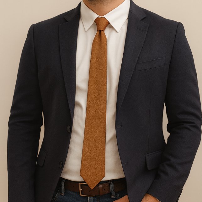 Texturerat Faux Leather Ginger Neck Tie Slips (Business casual ensemble featuring a ginger-toned leather necktie,  with a navy blazer and jeans)