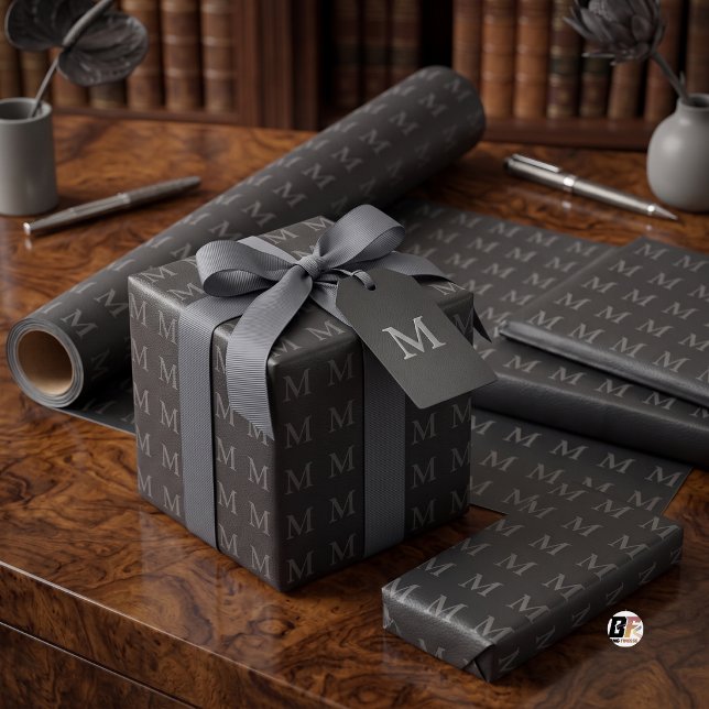 Texturerat svart falskt läder Monogram-mönster Presentpapper (Skapare uppladdad)
