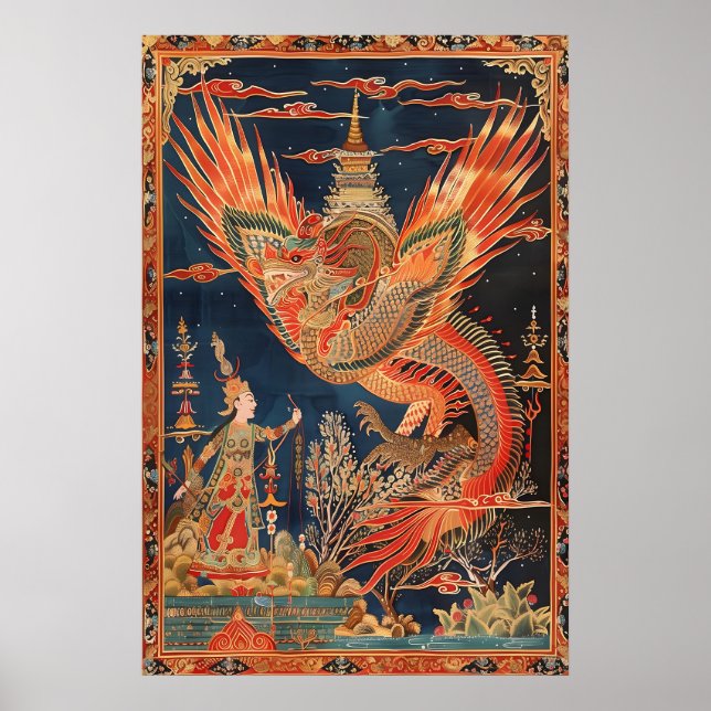 Thai Dragon and Phoenix Art Print Traditional Poster (Framsidan)