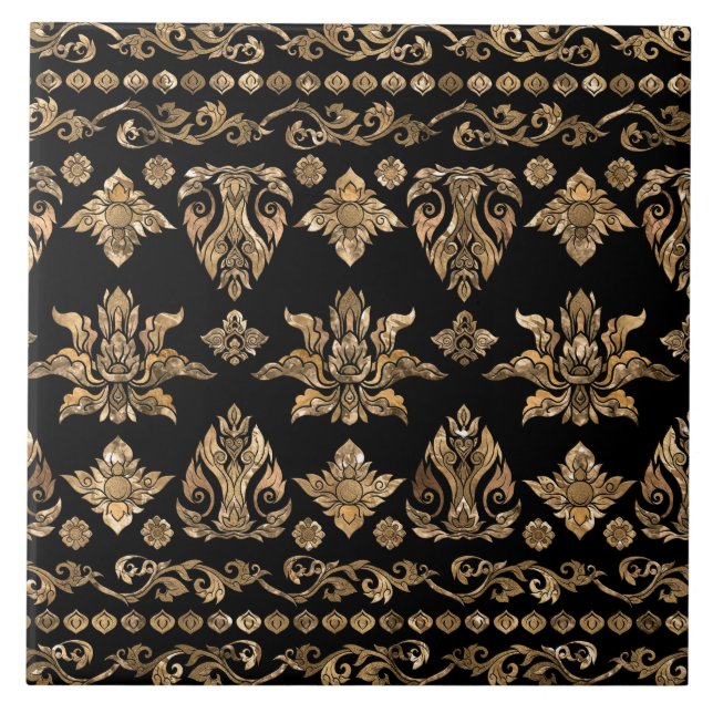 Thai Ornament - Guld och Black Kakelplatta (Framsidan)