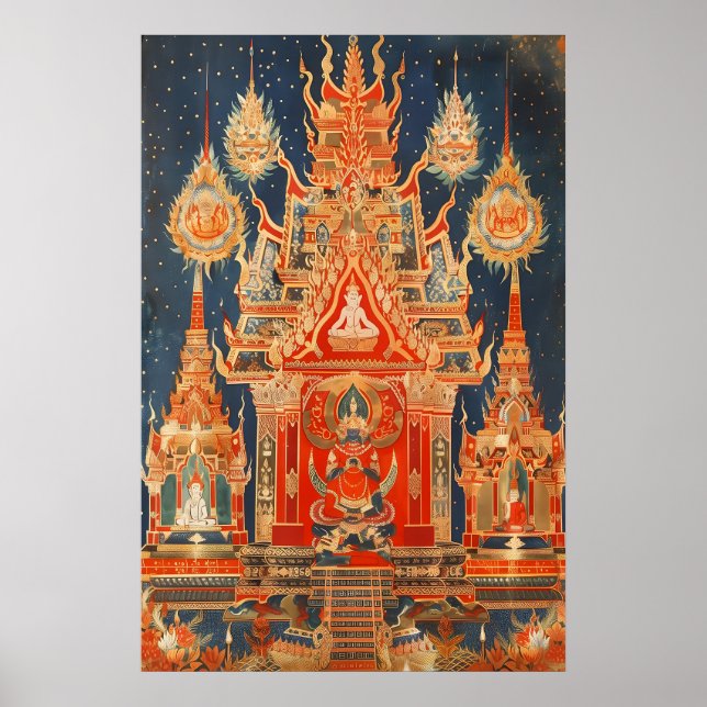 Thai Tempel Konsttryck Traditionell Buddhist Röd o Poster (Framsidan)