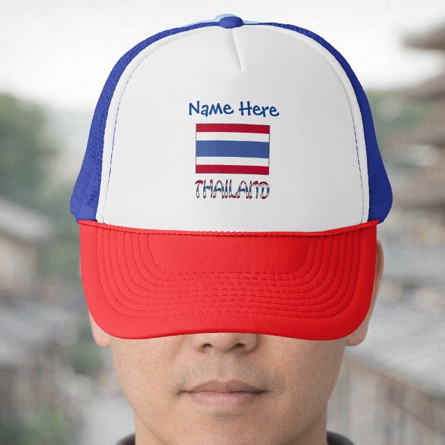 Thailand och thai-flagga Blå personalisering  Keps (Personalized trucker hat has Thai Flag and THAILAND in flag colors. Above add a name in blue text.)