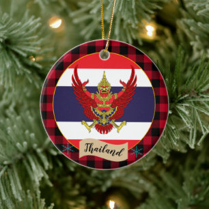 Thailand, Red buffalo plaid & Thai Flagga Julgransprydnad Keramik