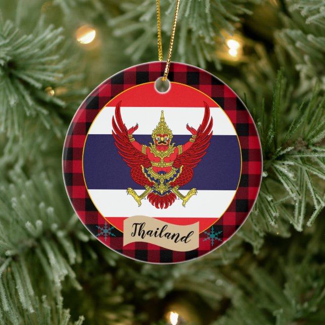 Thailand, Red buffalo plaid & Thai Flagga Julgransprydnad Keramik (Träd)