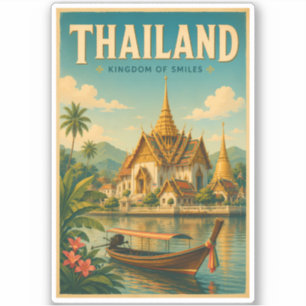 Thailand tempel illustration resekonst vintage klistermärken