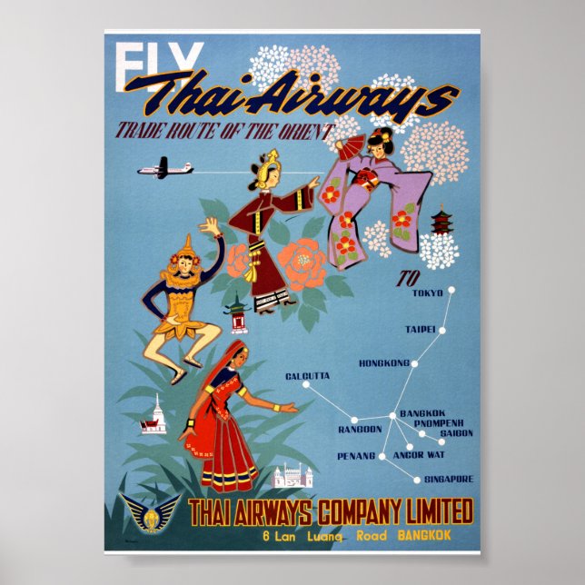 Thailändsk Vintage Flygresaaffisch Restaurering Poster (Framsidan)