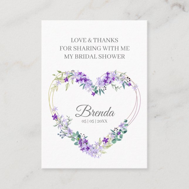 Thank Purple Floral Heart for Bridal Shower Name Visitkort (Framsida)