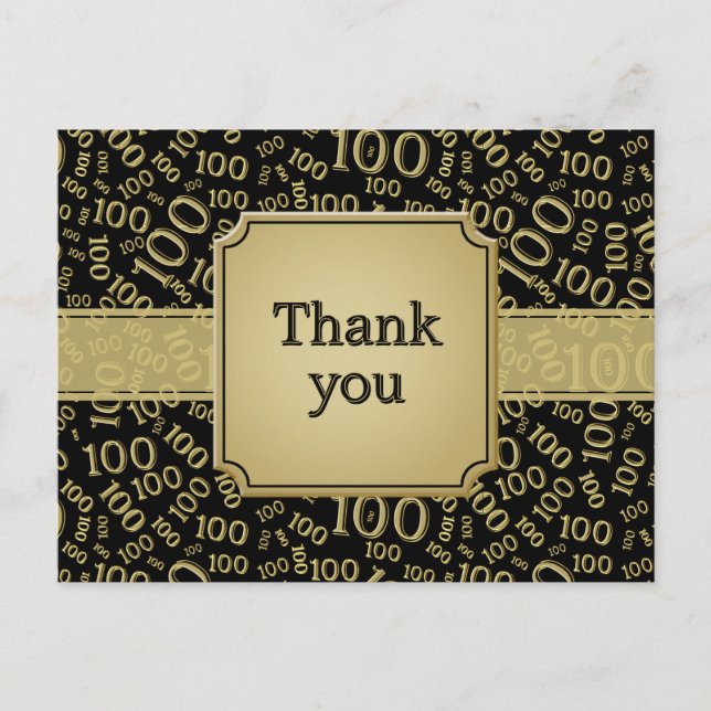 Thank You 100th Birthday Number Pattern Gold/Black Vykort (Framsida)