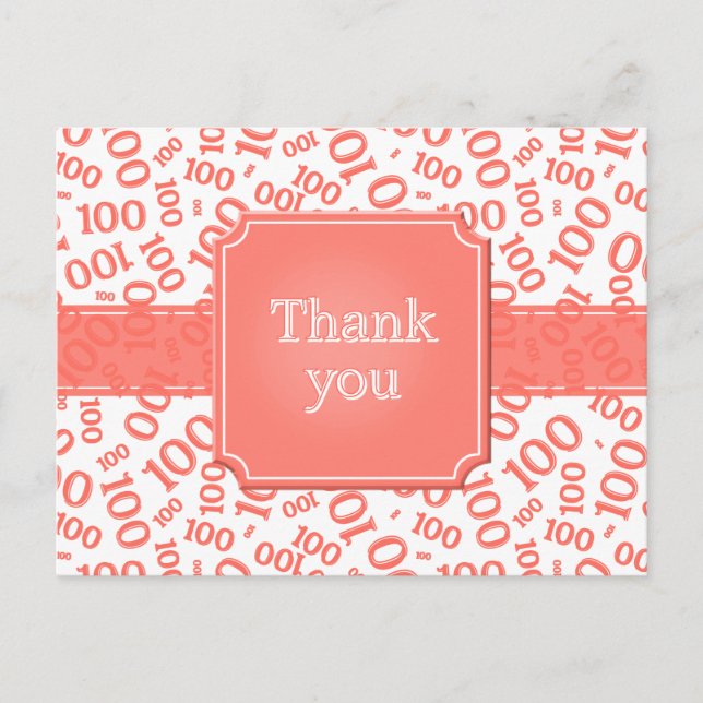 Thank You 100th Number Pattern Coral/White Vykort (Framsida)