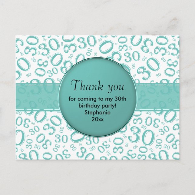 Thank You 30 Random Number Pattern Teal/White Vykort (Framsida)