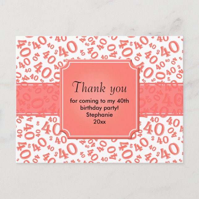 Thank You 40 Number Pattern Coral/White Vykort (Framsida)