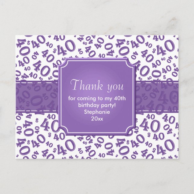 Thank You 40 Number Pattern Purple/White Vykort (Framsida)