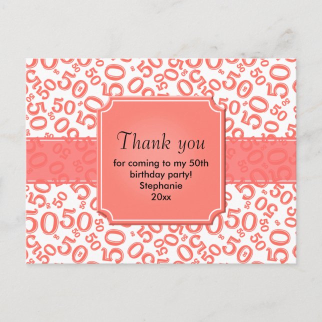 Thank You 50 Random Number Pattern Coral/White Vykort (Framsida)