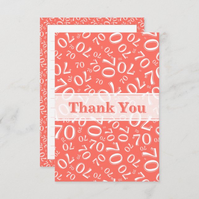 Thank You 70 Birthday Number Pattern Coral/White Tack Kort (Fram/baksida)