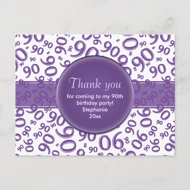 Thank  You 90 Purple/White Birthday Number Pattern Vykort (Framsida)