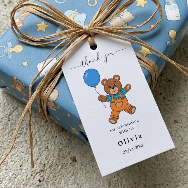 Thank you Baby Shower for Boy Blue Balloon Bear Presentetikett (Skapare uppladdad)