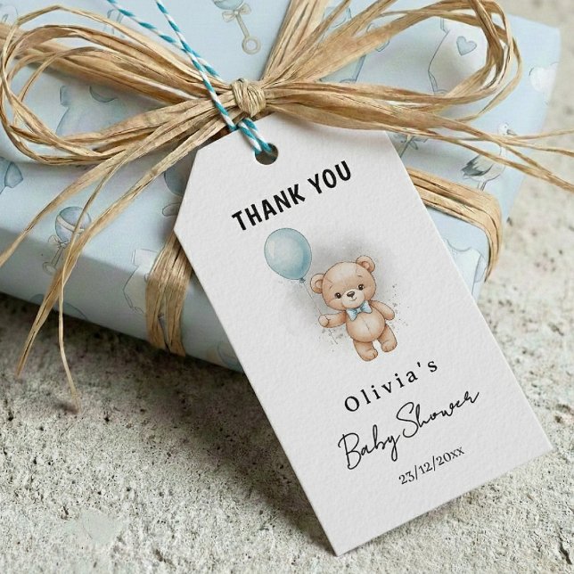 Thank you Baby Shower for Boy Blue Balloon Bear Presentetikett (Skapare uppladdad)